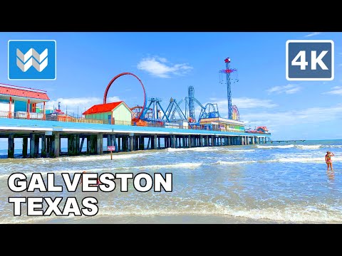 [4K] Galveston Beach in Galveston, Texas USA (South of Houston) Walking Tour &amp; Travel Guide 🎧