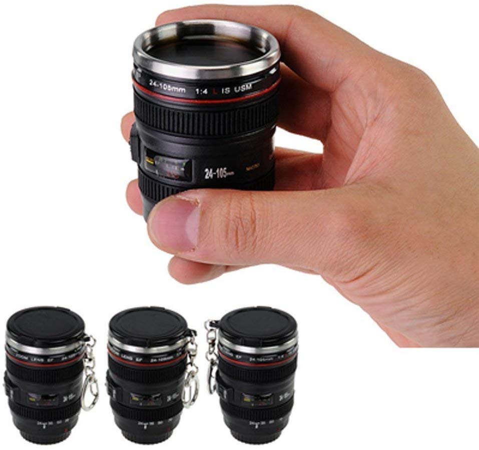 Stainless Steel Mini Camera Lens Travel Shot Glass with Keychain - Fun Gifts for Photographers