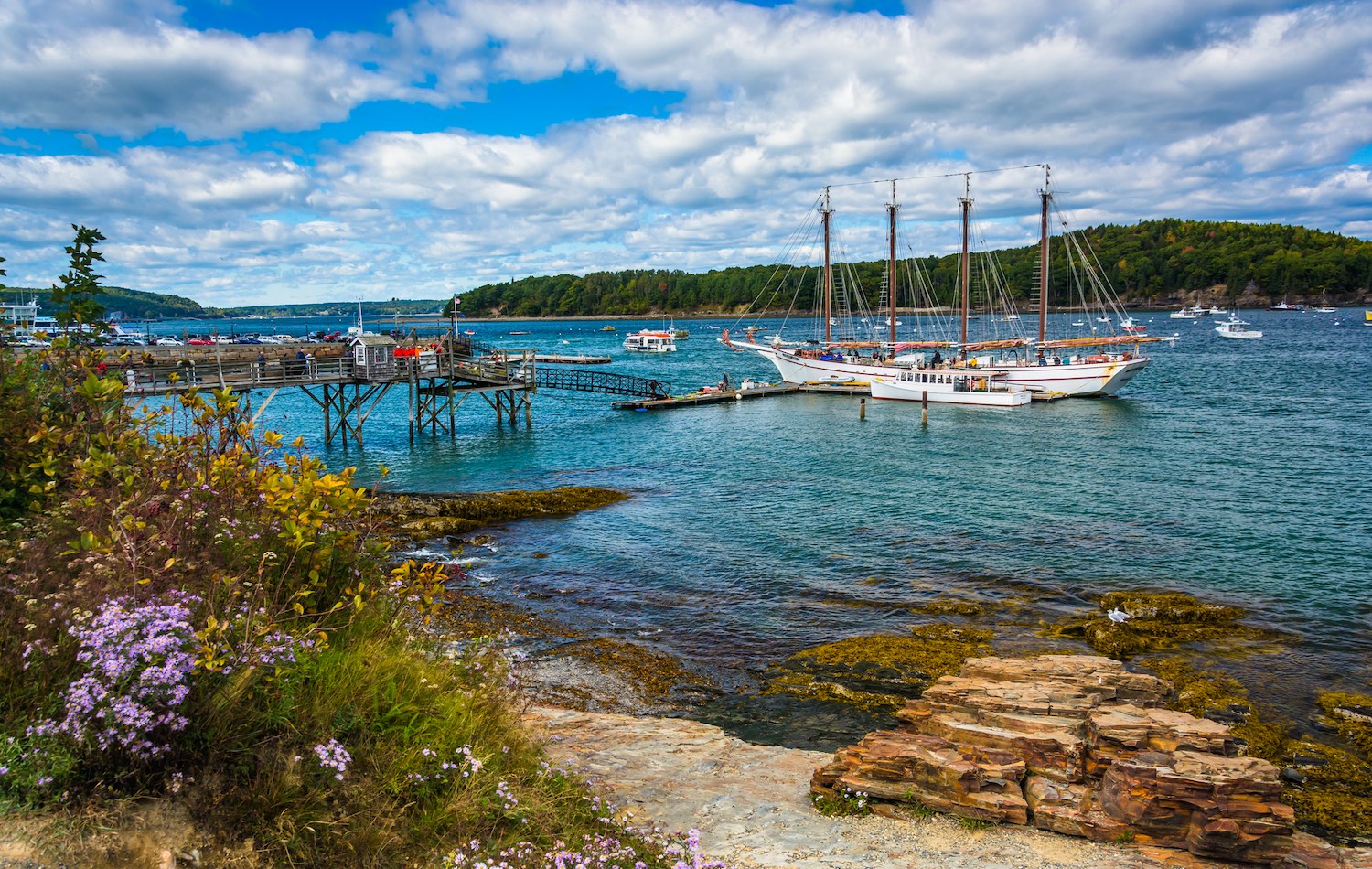 Rocky coast and view of boats in the harbor at Bar Harbor, Maine.