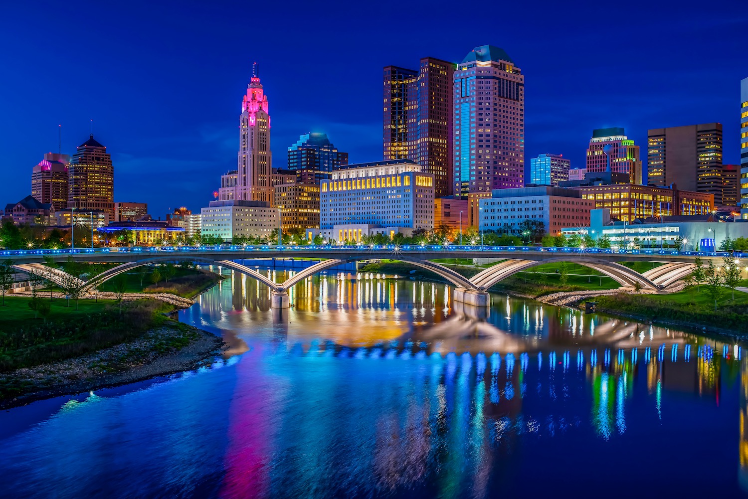 Columbus Ohio reflected in Scioto River at Sunset