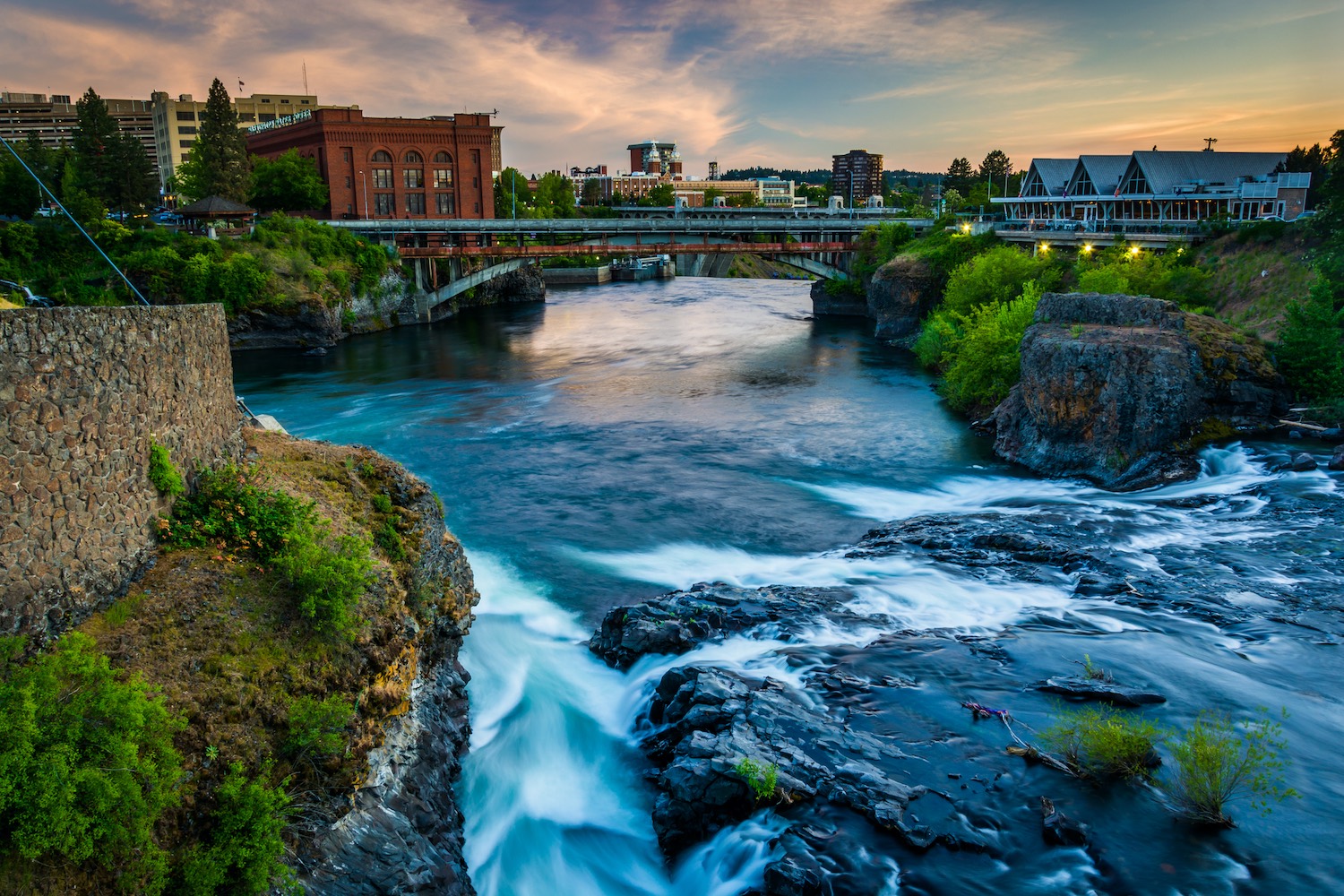 Spokane Falls and view of buildings in Spokane, Washington.