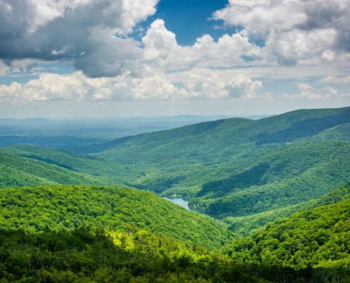 View of the Charlottesville Reservoir from Moormans River Overlook, on Skyline Drive, in Shenandoah National Park, Virginia.