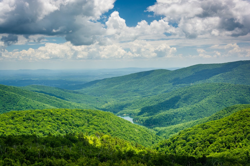 View of the Charlottesville Reservoir from Moormans River Overlook, on Skyline Drive, in Shenandoah National Park, Virginia.