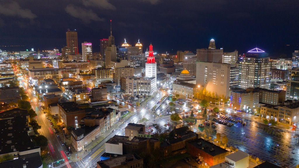 Before Sunrise Night Time Buffalo New York Downtown City Skyline