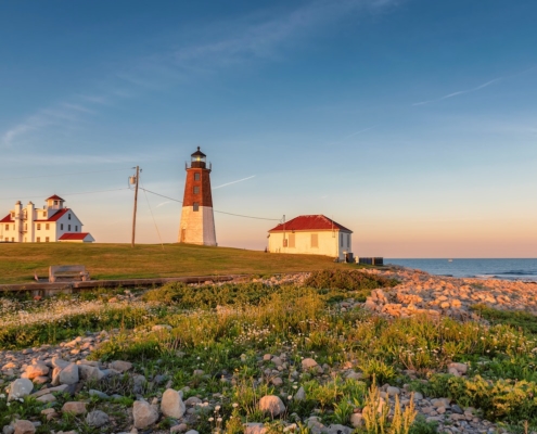 The Point Judith light near Narragansett, Rhode Island, at sunset.