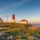 The Point Judith light near Narragansett, Rhode Island, at sunset.