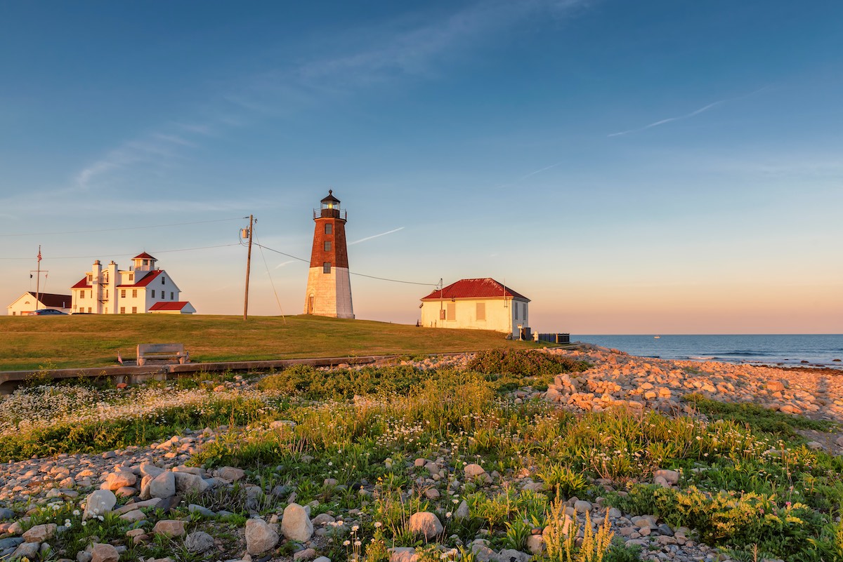 The Point Judith light near Narragansett, Rhode Island, at sunset.