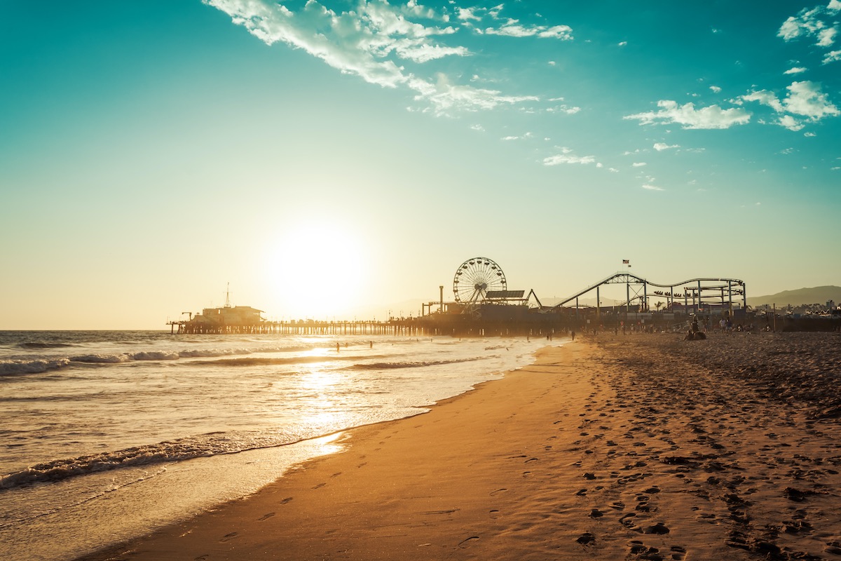 Sunset in Santa Monica, view on the amusement park