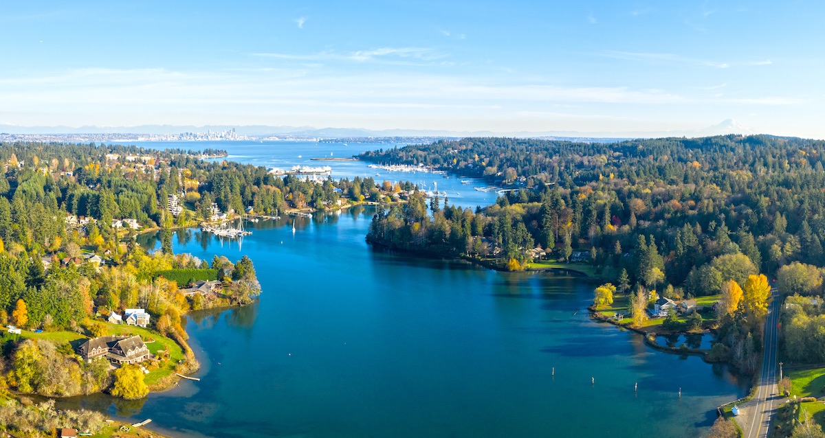 Bainbridge Island Panoramic Aerial Birds Eye View Winslow Seattle Mount Rainier Eagle Harbor