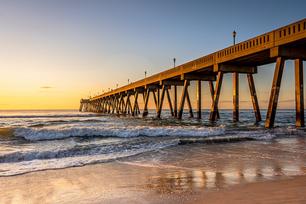 Johnnie Mercers Fishing Pier at sunrise in Wrightsville Beach east of Wilmington, North Carolina, United States