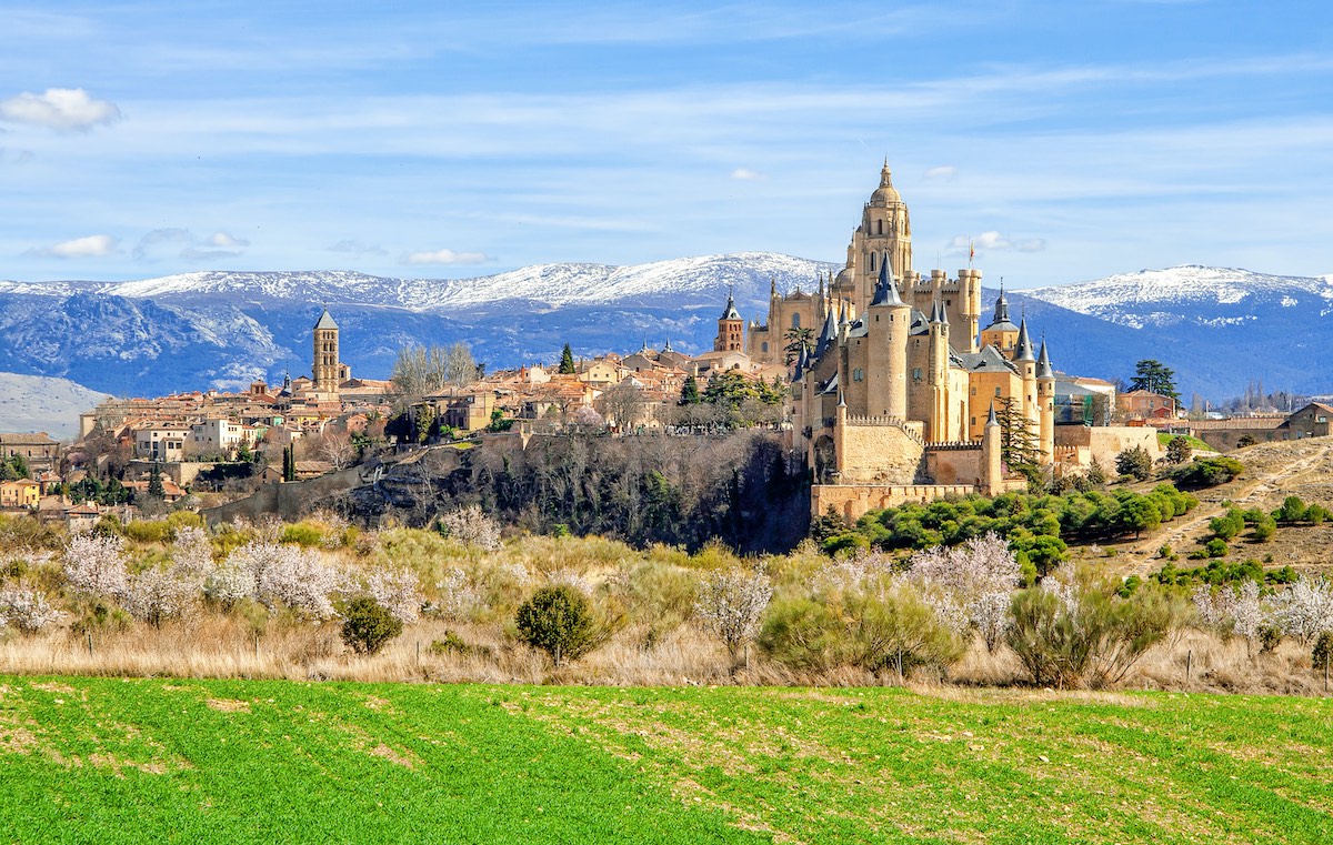 Segovia Cathedral and Alcazar located in the main square of the city of Segovia in Spain.