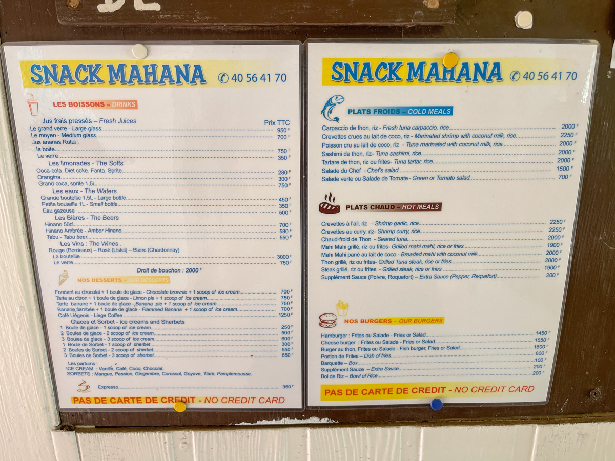 Snack Mahana Moorea Menu