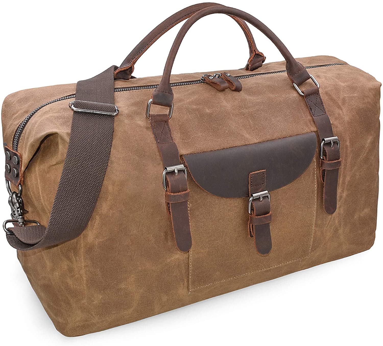 Travel Duffel Bag Waterproof Canvas Genuine Leather Weekend