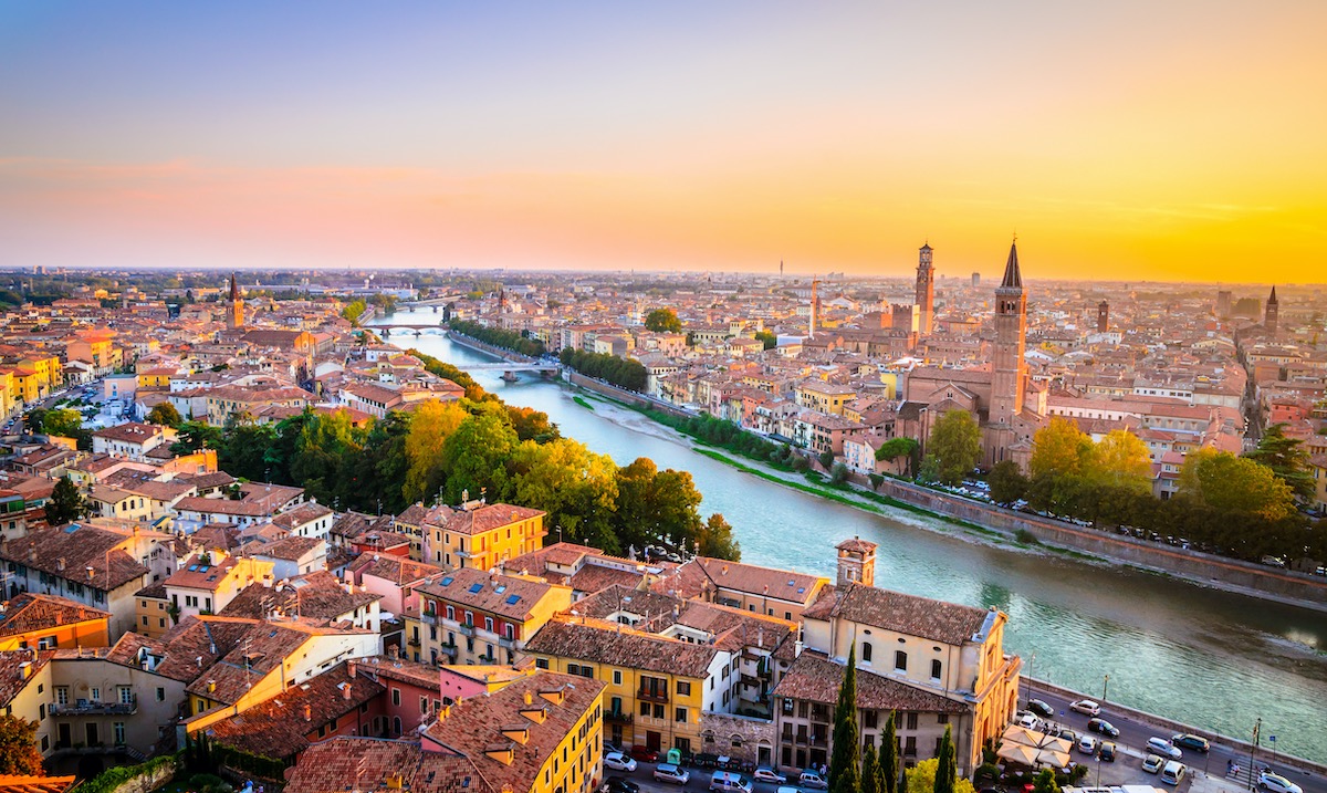 Beautiful sunset aerial view of Verona, Veneto region, Italy.