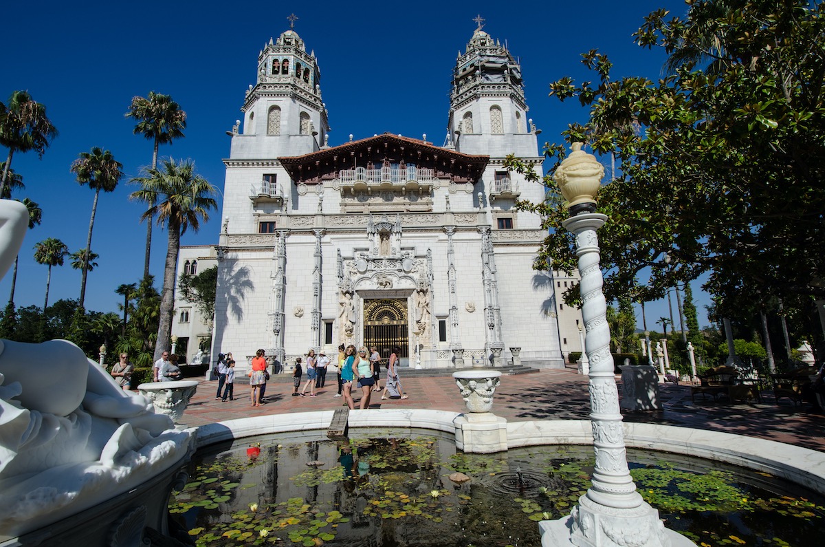 San Simeon, California - August 7, 2018: Hearst Castle, exterior view with many people and tourists around