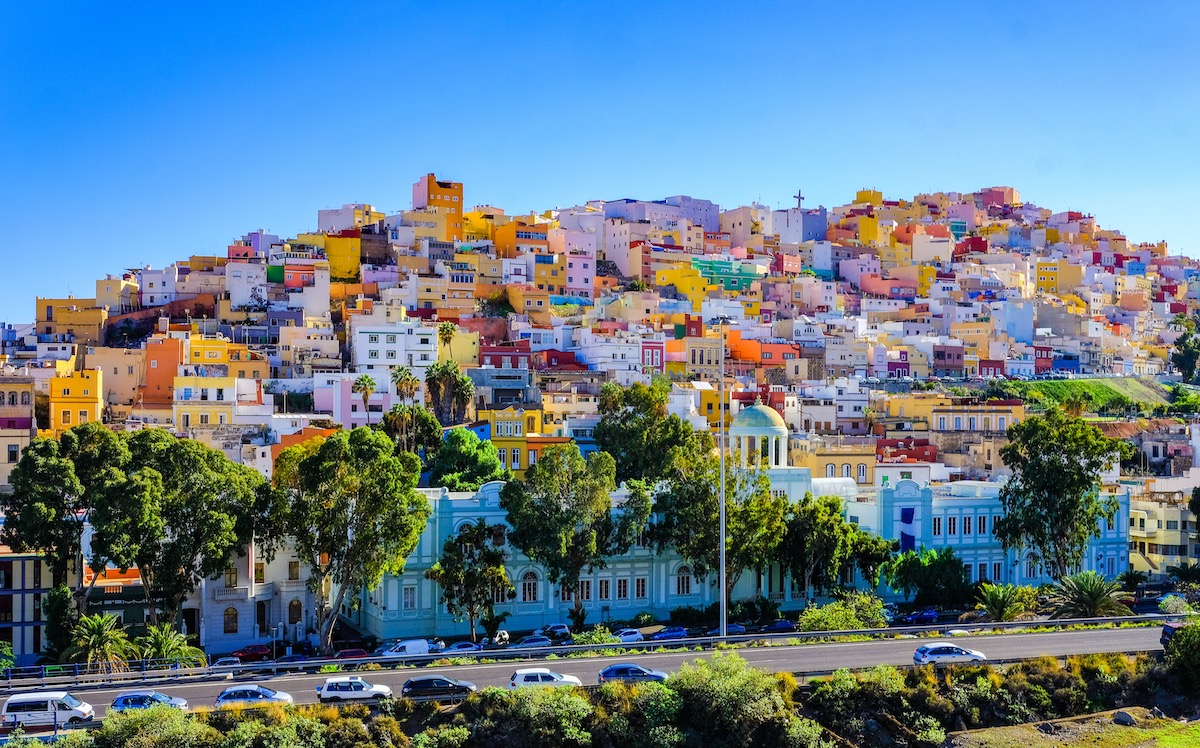 Gran Canaria many colorful houses in Ciudad alta, Las Palmas. Sunny view of the picturesque old town