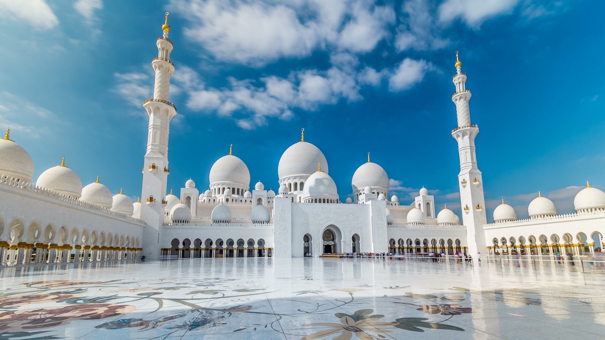 Sheikh Zayed Grand Mosque timelapse hyperlapse located in Abu Dhabi - capital city of United Arab Emirates.