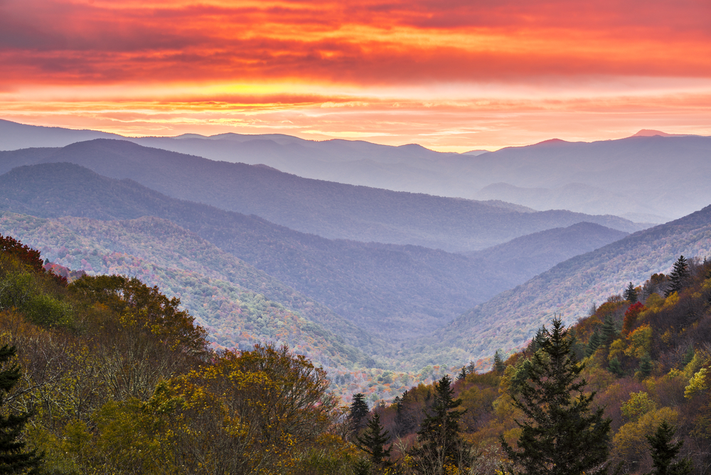 Autumn sunrise in the Smoky Mountains National Park.