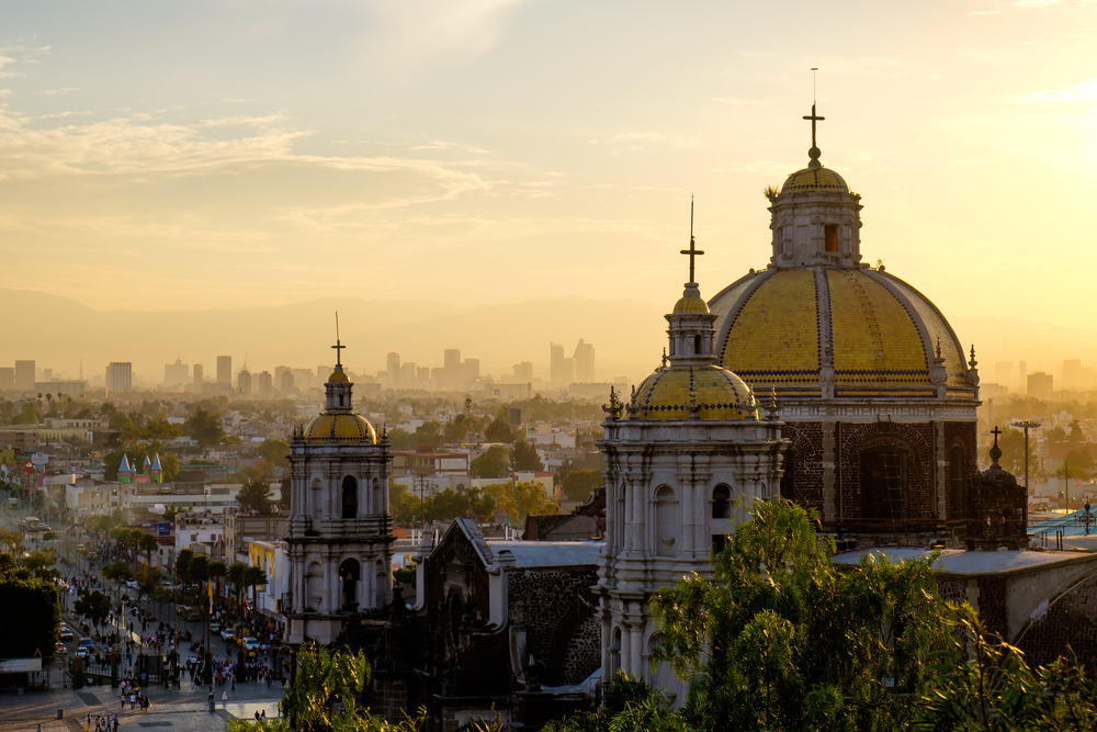 Scenic view at Basilica of Guadalupe with Mexico city skyline