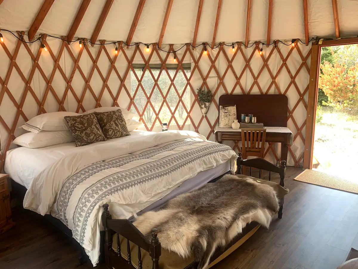 Yurt interior with double bed