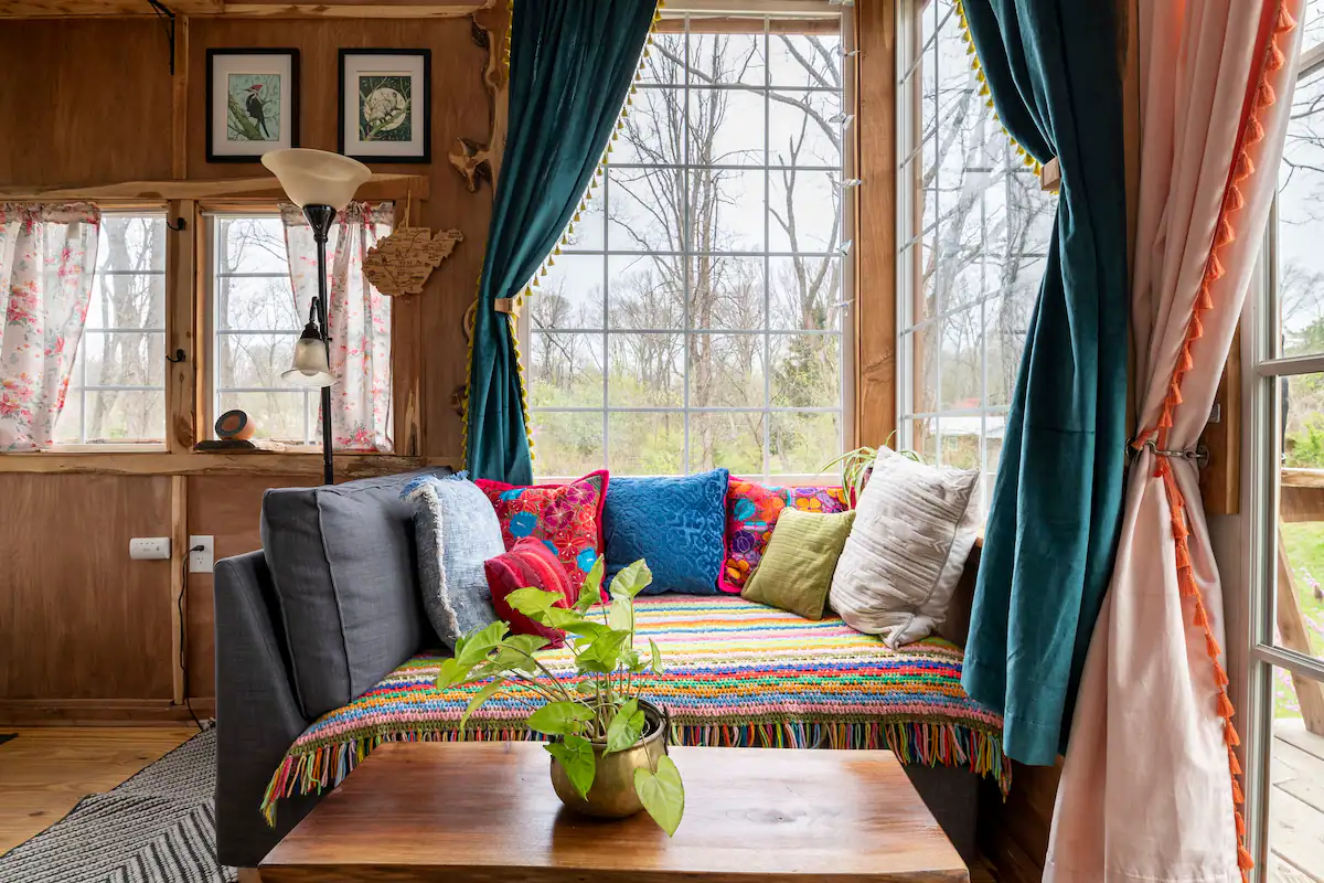 A cozy treehouse interior seating area