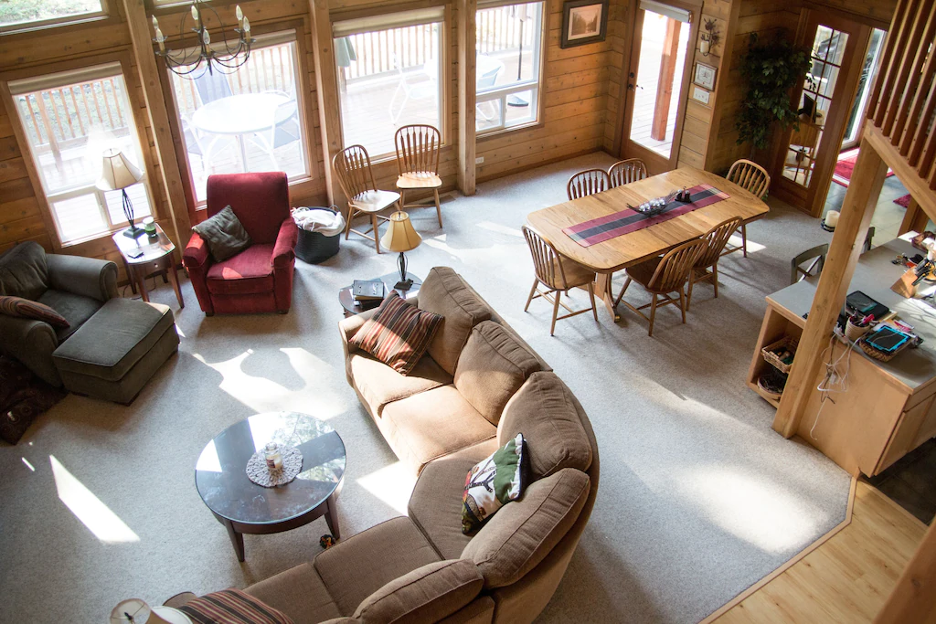 Looking down on the cabin's living space