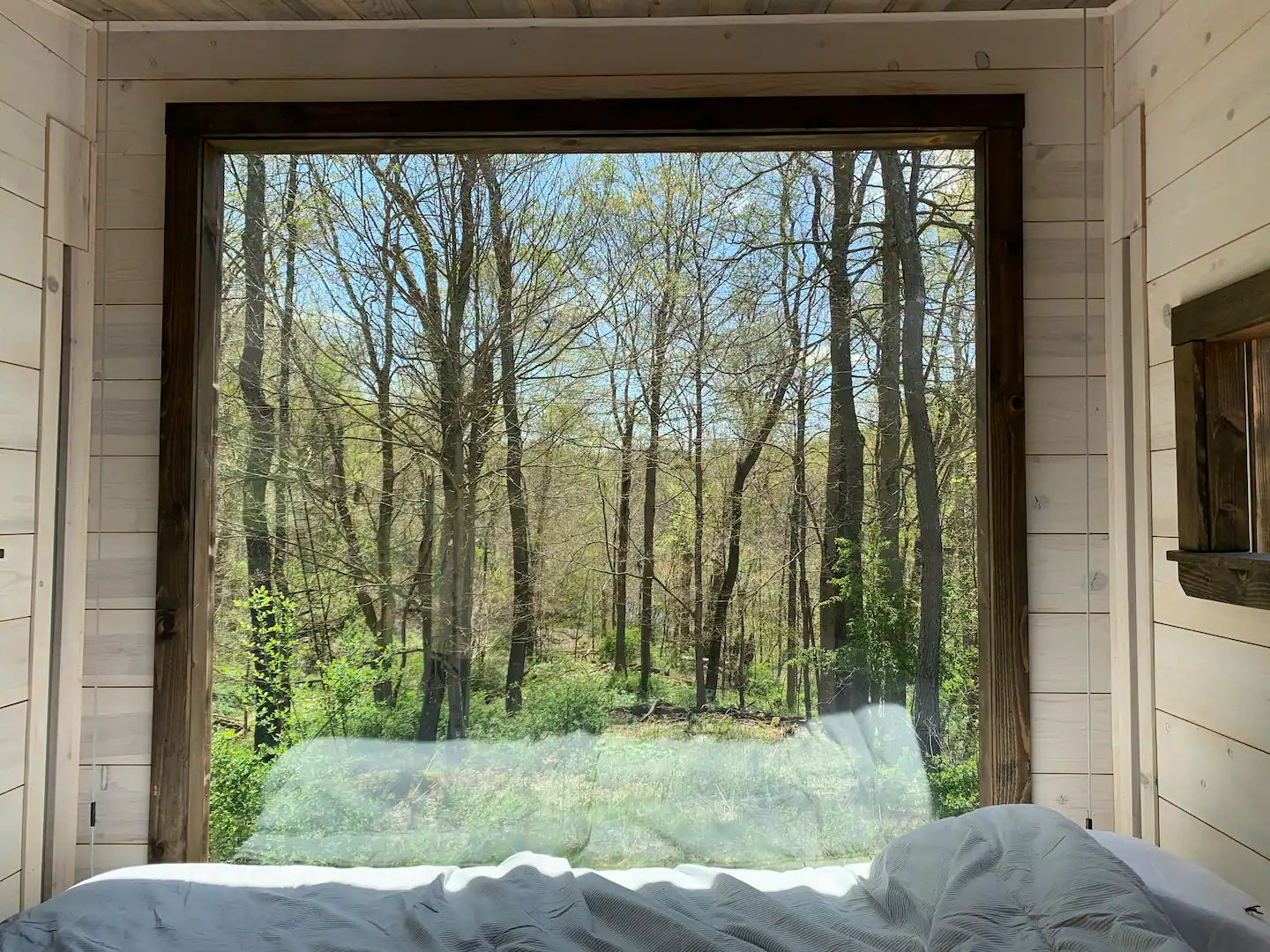 Bed inside a cabin looking out on green scenery