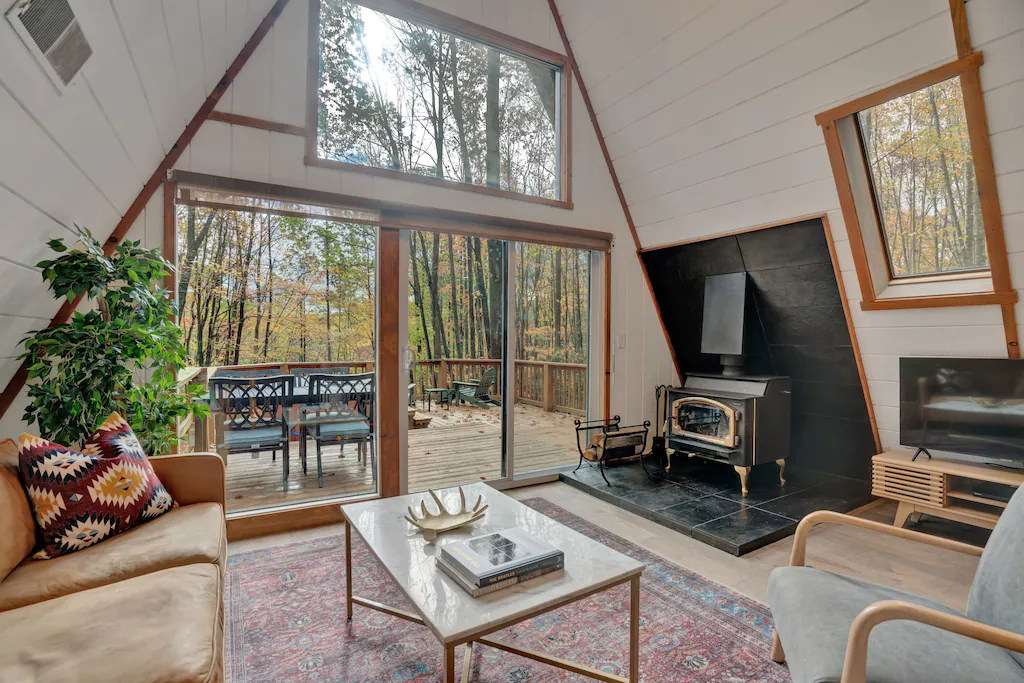 Inside an A Frame Glamping in West Virginia