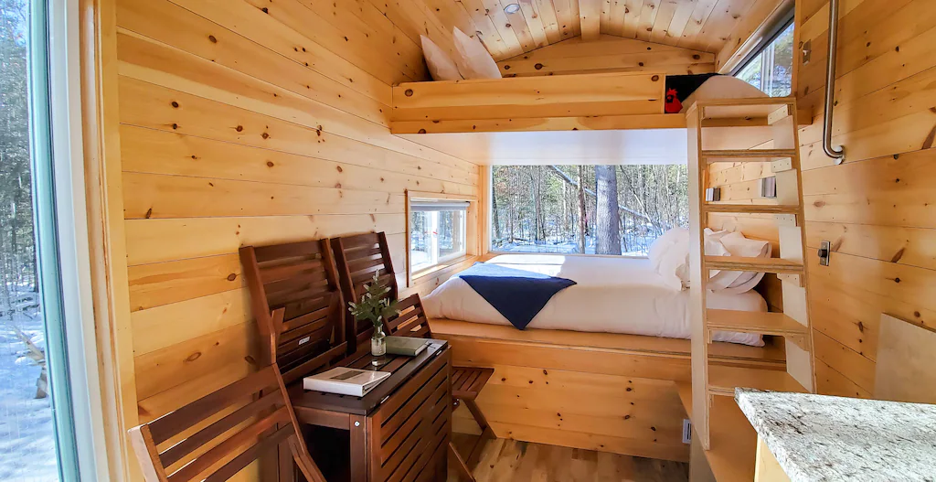 Inside a small tiny wooden cabin