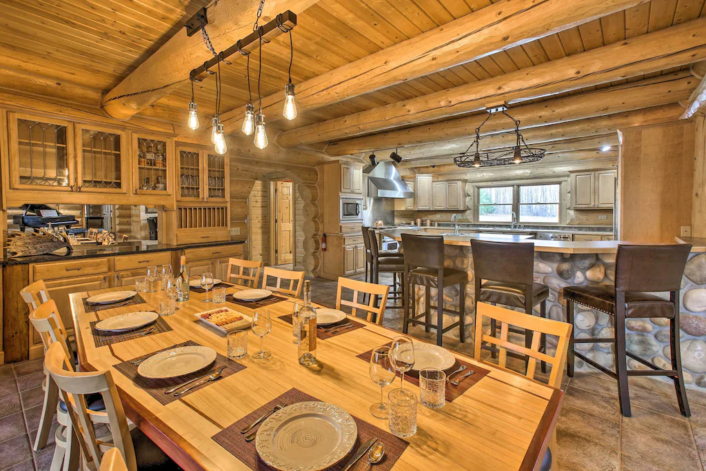 Dining table inside the wooden cabin