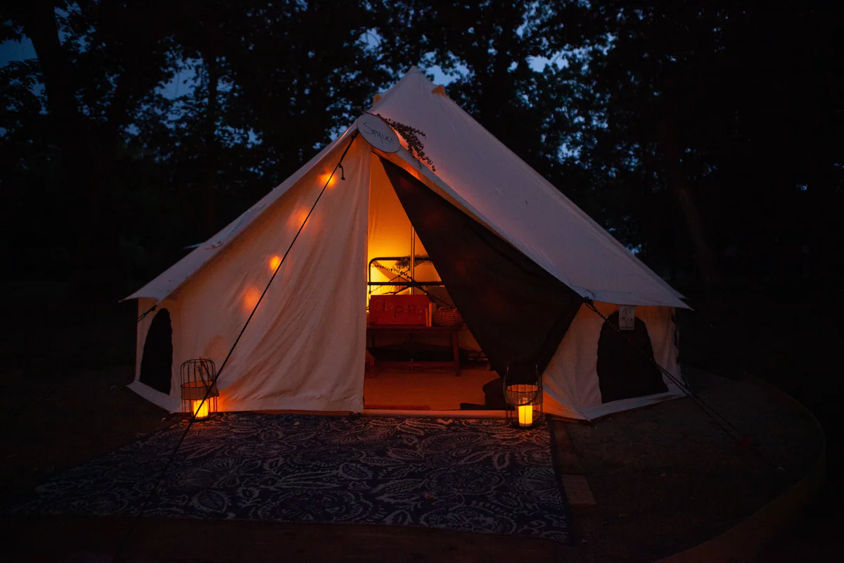 Glamping tent at night