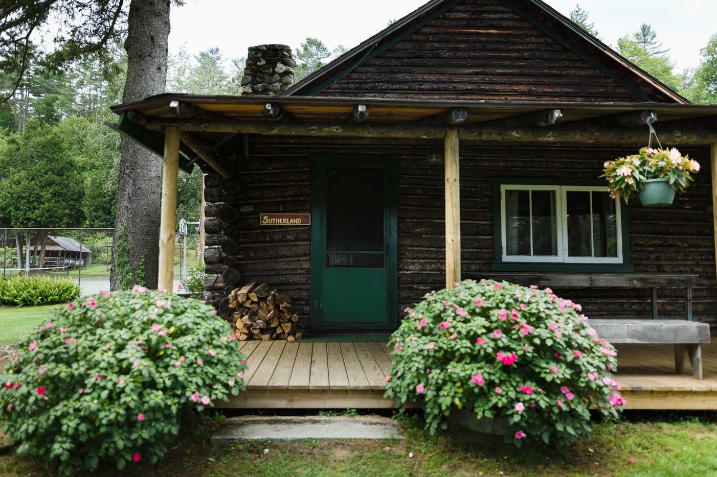 Front door of a cabin with shurbs