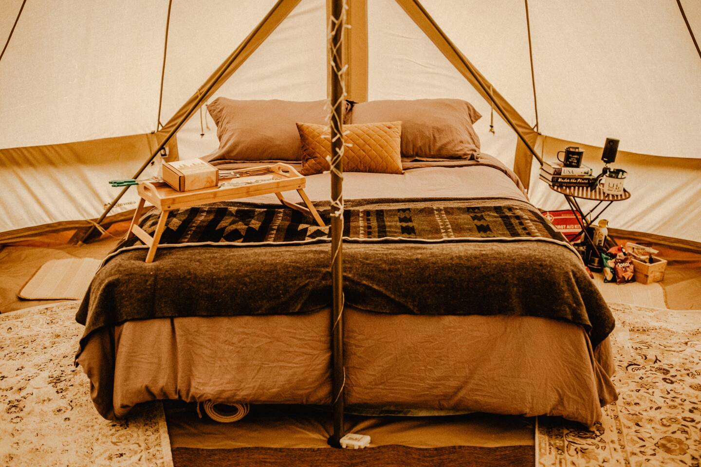 Inside the bedroom of a tent