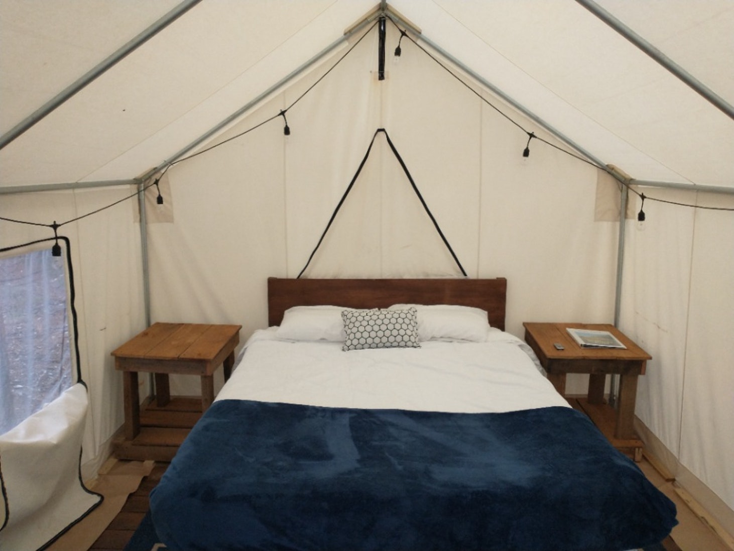 Inside a canvas tent