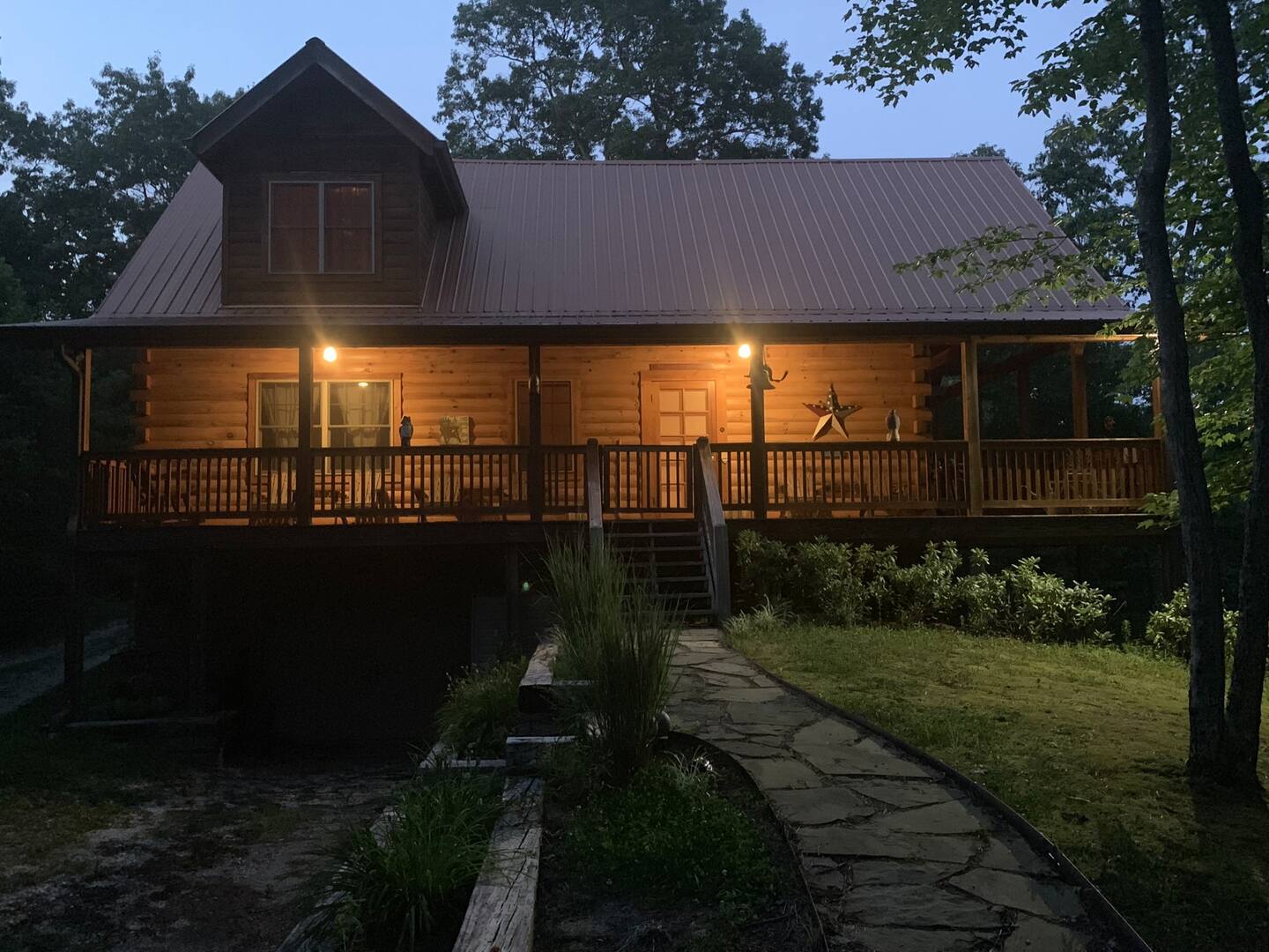 Cabin exterior at dusk