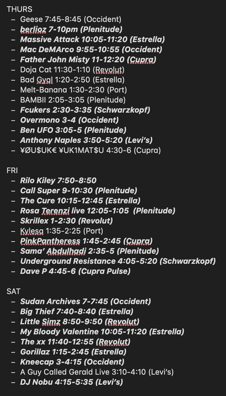 Festival schedule Primavera Sound 2026